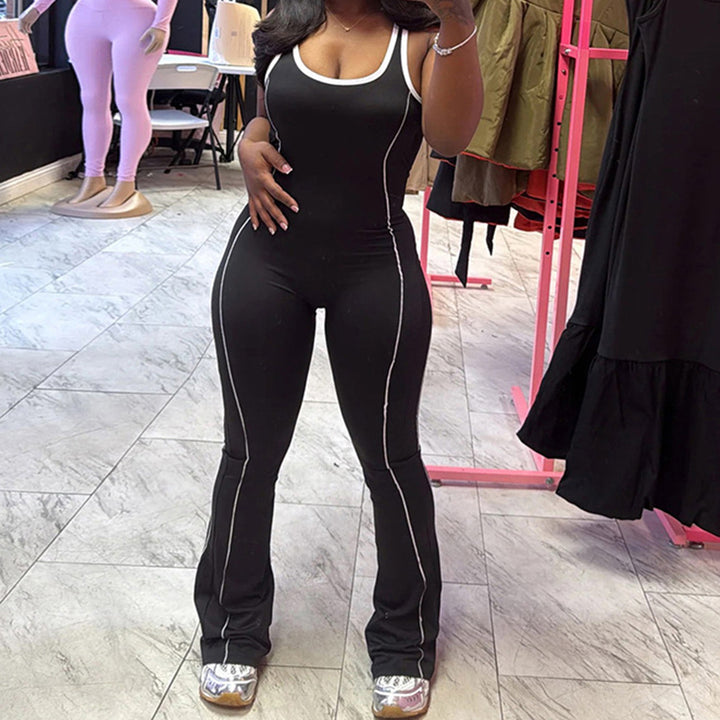 Black Flare Leg Active Jumpsuit with White Piping - Vedlit