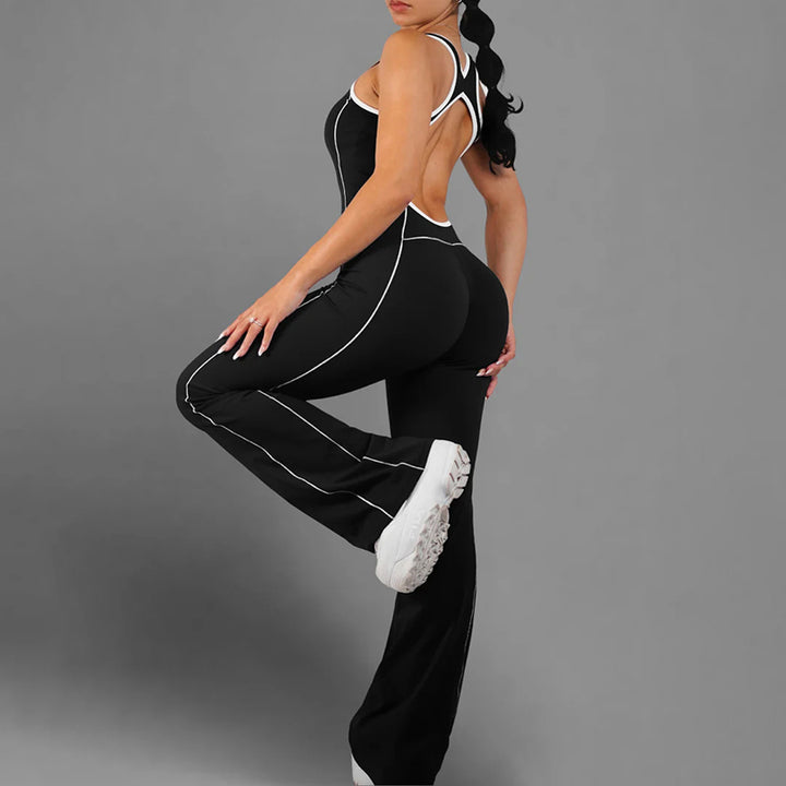 Black Flare Leg Active Jumpsuit with White Piping - Vedlit
