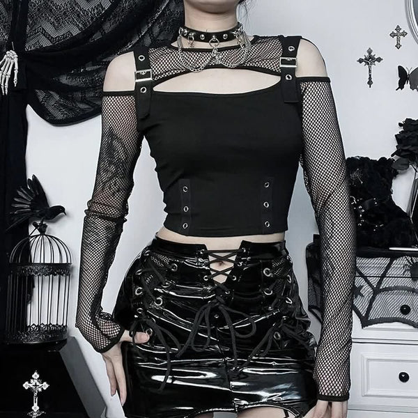 Black Goth Fishnet Mesh Long Sleeve Crop Top - Vedlit