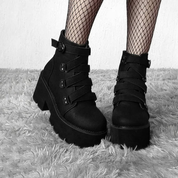 Black Goth Punk Platform Ankle Boots - Vedlit