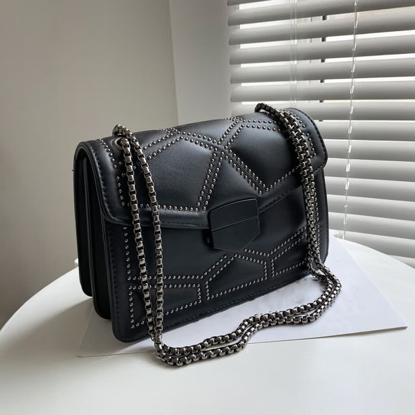 Black Goth Punk PU Leather Studded Shoulder Bag - Vedlit