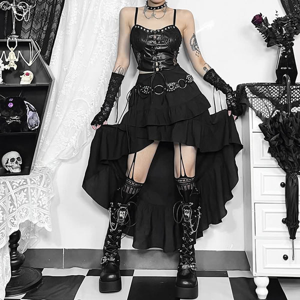 Black Gothic Asymmetrical Ruffle Tiered Skirt - Vedlit