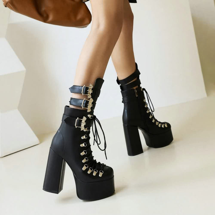 Black Gothic Bat Mid Calf Platform Boots - Vedlit