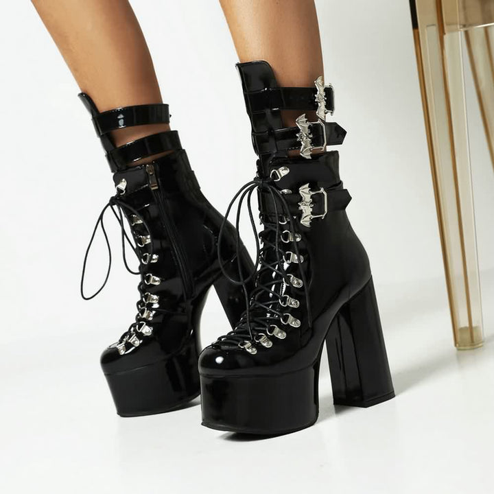 Black Gothic Bat Mid Calf Platform Boots - Vedlit