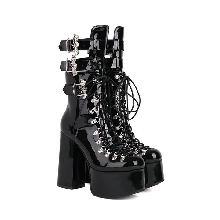 Black Gothic Bat Mid Calf Platform Boots - Vedlit