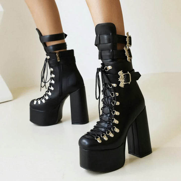 Black Gothic Bat Mid Calf Platform Boots - Vedlit