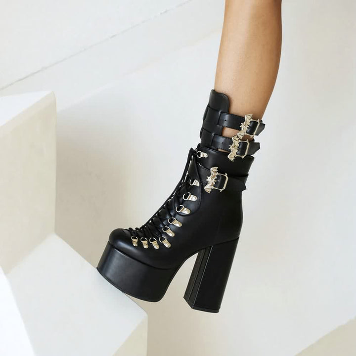 Black Gothic Bat Mid Calf Platform Boots - Vedlit