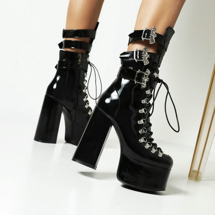 Black Gothic Bat Mid Calf Platform Boots - Vedlit