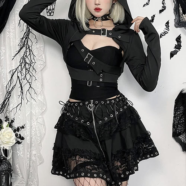 Black Gothic Cyberpunk Hooded Bolero Shrug Top - Vedlit