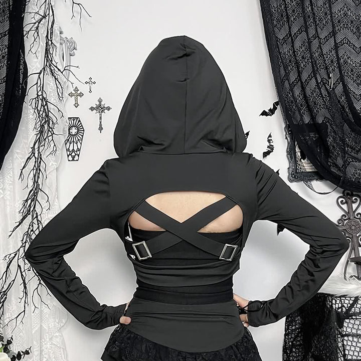 Black Gothic Cyberpunk Hooded Bolero Shrug Top - Vedlit