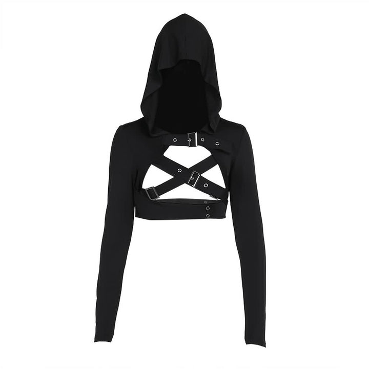 Black Gothic Cyberpunk Hooded Bolero Shrug Top - Vedlit