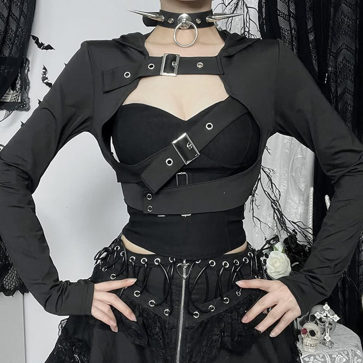 Black Gothic Cyberpunk Hooded Bolero Shrug Top - Vedlit