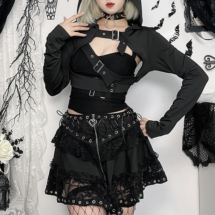 Black Gothic Cyberpunk Hooded Bolero Shrug Top - Vedlit