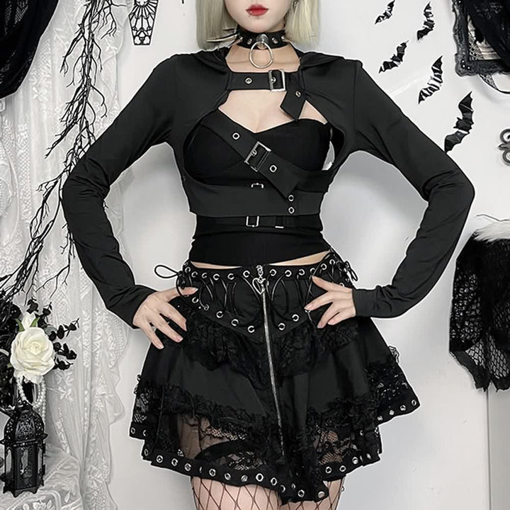 Black Gothic Cyberpunk Hooded Bolero Shrug Top - Vedlit