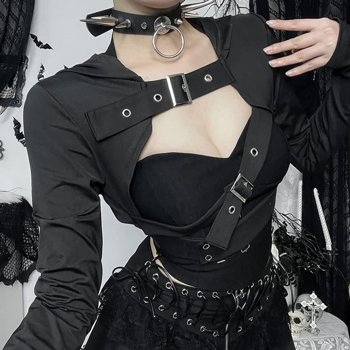 Black Gothic Cyberpunk Hooded Bolero Shrug Top - Vedlit