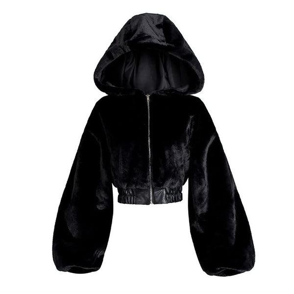 Black Gothic Faux Fur Balloon Sleeve Cropped Hooded Jacket - Vedlit