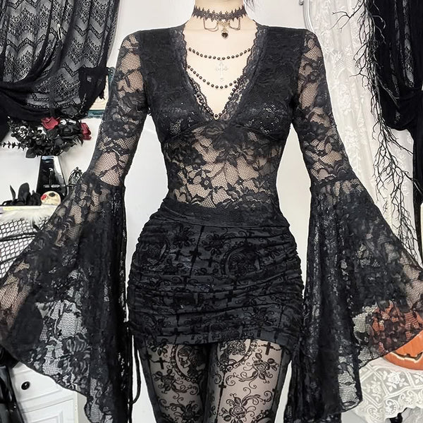 Black Gothic Floral Lace Bell Sleeve Top - Vedlit