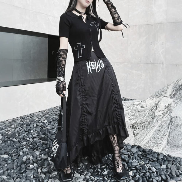 Black Gothic High Low Tiered Maxi Skirt - Vedlit