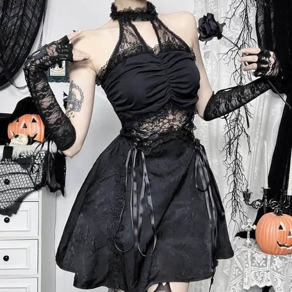 Black Gothic Lace Halter Dress - Vedlit