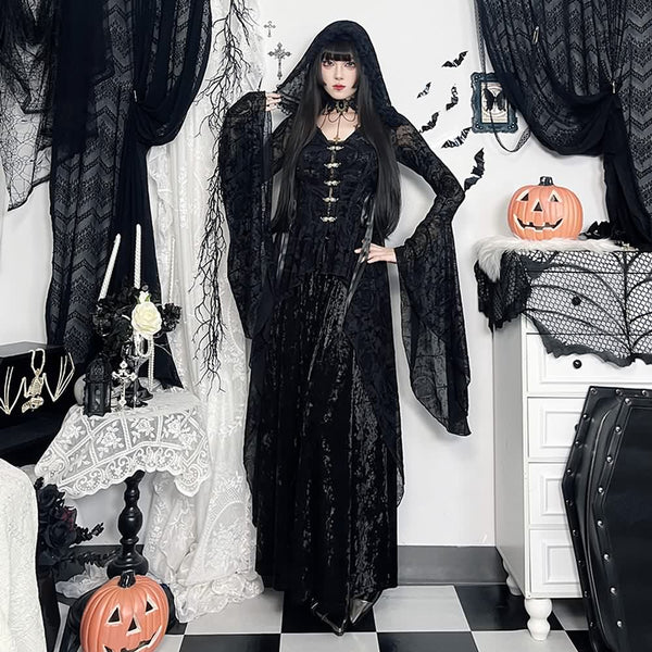 Black Gothic Lace Hooded Bell Sleeve Cloak - Vedlit