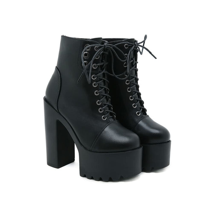 Black Gothic Lace Up Chunky Platform Boots - Vedlit