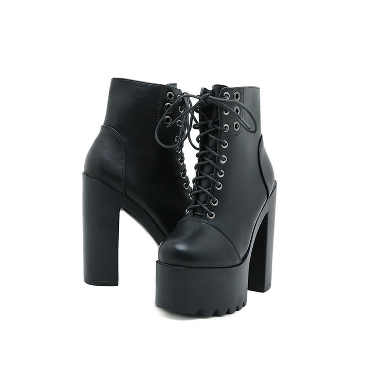 Black Gothic Lace Up Chunky Platform Boots - Vedlit