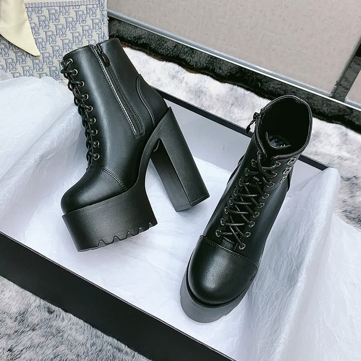 Black Gothic Lace Up Chunky Platform Boots - Vedlit