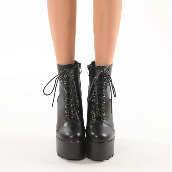 Black Gothic Lace Up Chunky Platform Boots - Vedlit