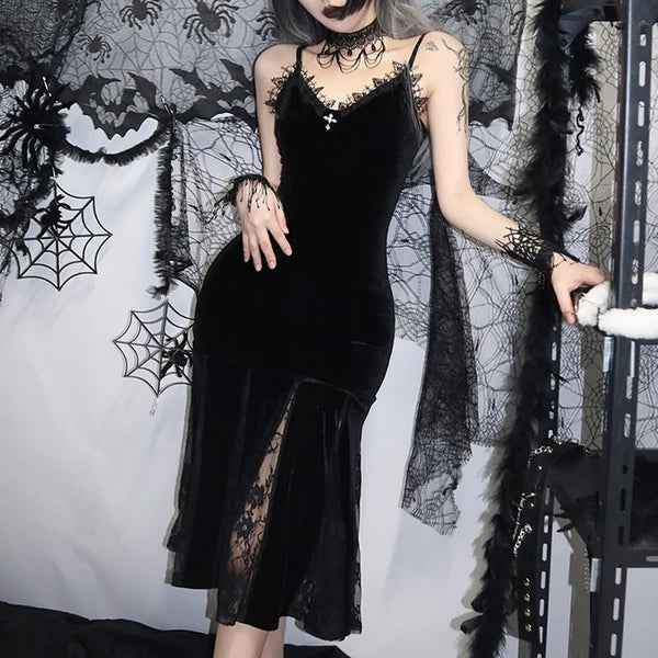 Black Gothic Lace Velvet Flare Midi Dress - Vedlit