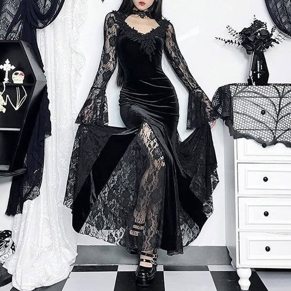 Black Gothic Lace Velvet Long Sleeve Maxi Dress - Vedlit