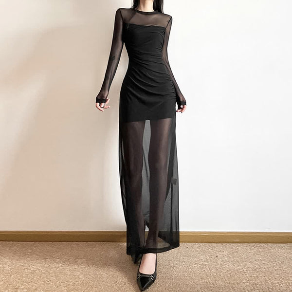 Black Gothic Mesh Overlay Long Sleeve Maxi Dress - Vedlit