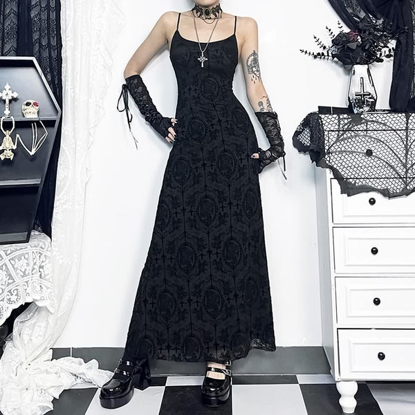 Black Gothic Mesh Overlay Maxi Dress - Vedlit