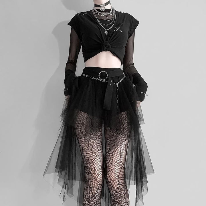 Black Gothic Mesh Overlay Mini Skirt - Vedlit