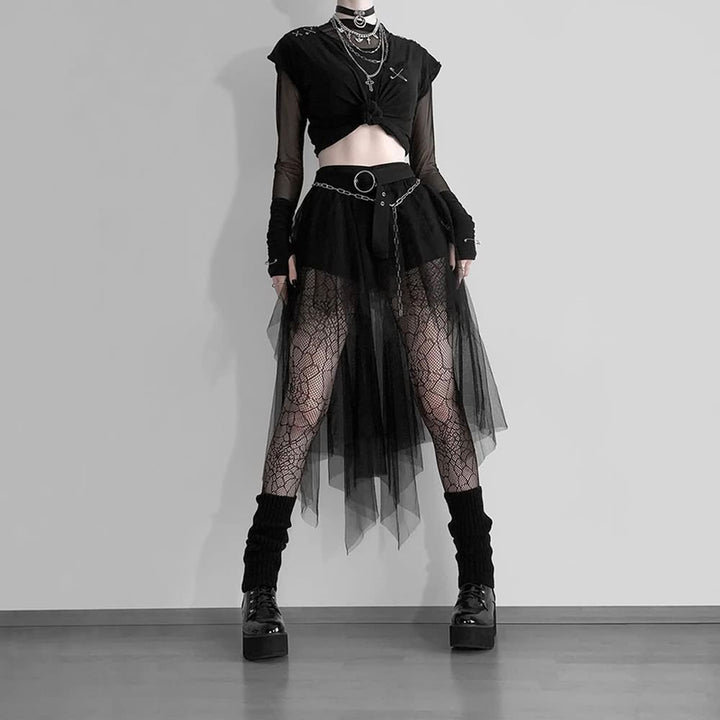 Black Gothic Mesh Overlay Mini Skirt - Vedlit