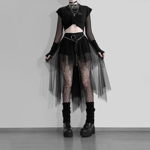 Black Gothic Mesh Overlay Mini Skirt - Vedlit