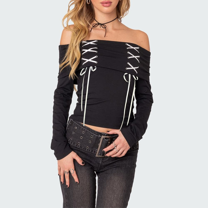 Black Gothic Off The Shoulder Long Sleeve Top - Vedlit