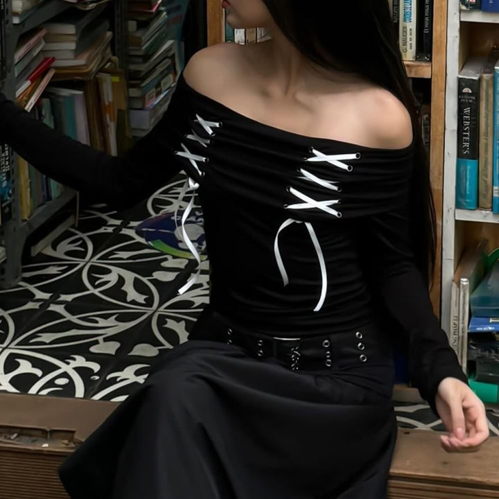 Black Gothic Off The Shoulder Long Sleeve Top - Vedlit