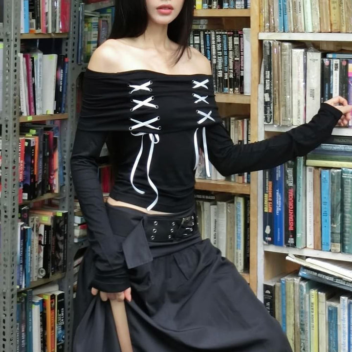 Black Gothic Off The Shoulder Long Sleeve Top - Vedlit