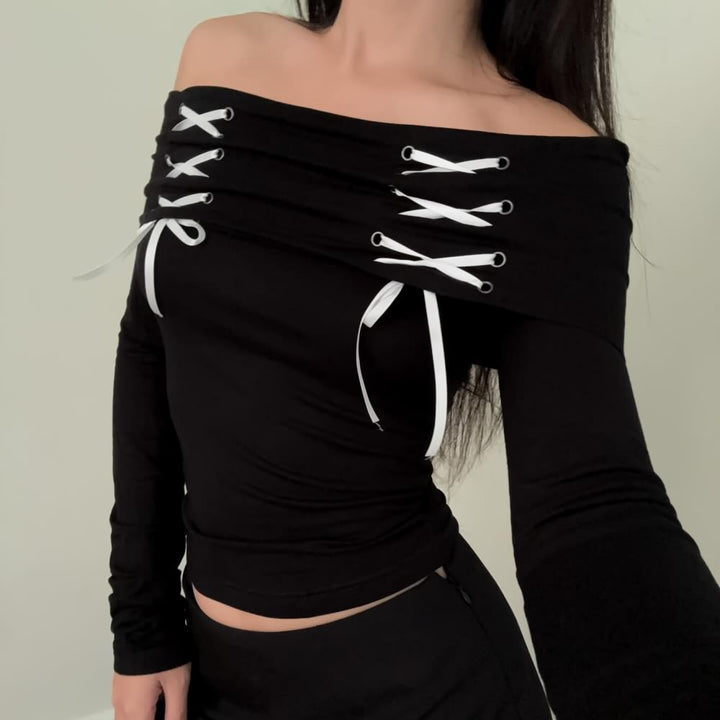 Black Gothic Off The Shoulder Long Sleeve Top - Vedlit