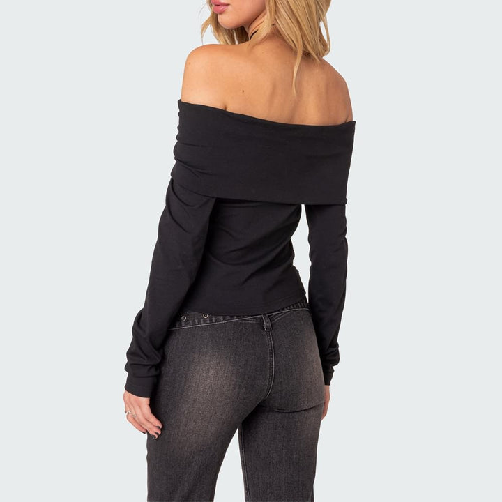 Black Gothic Off The Shoulder Long Sleeve Top - Vedlit