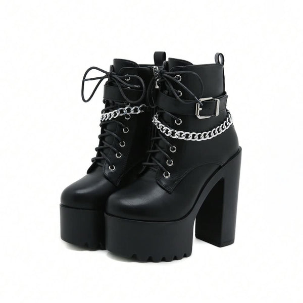 Black Gothic Punk Chain Chunky Platform Ankle Boots - Vedlit