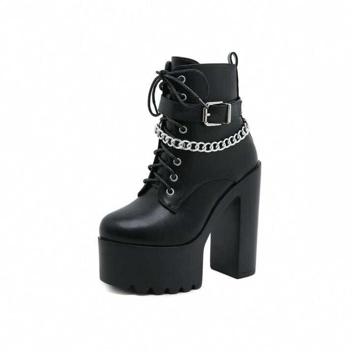 Black Gothic Punk Chain Chunky Platform Ankle Boots - Vedlit