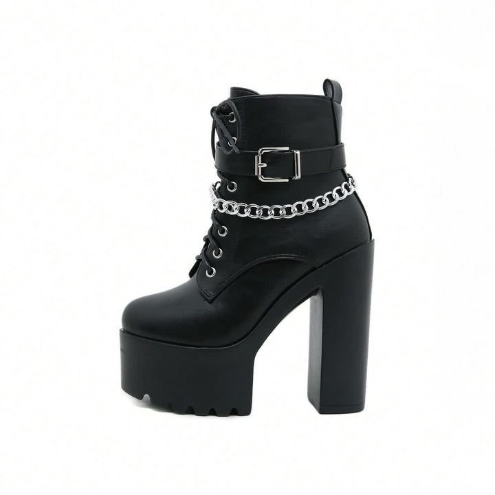 Black Gothic Punk Chain Chunky Platform Ankle Boots - Vedlit