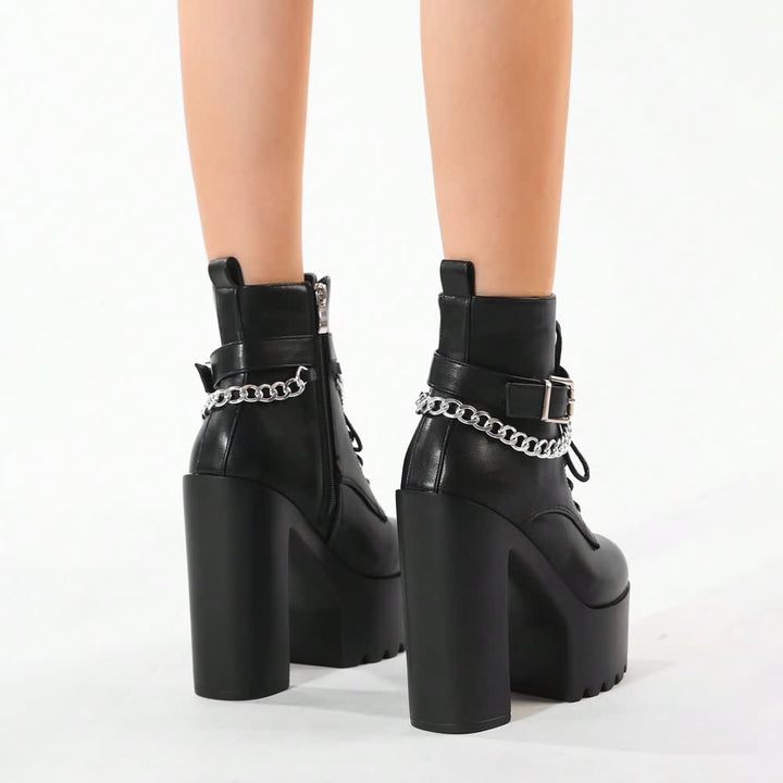 Black Gothic Punk Chain Chunky Platform Ankle Boots - Vedlit