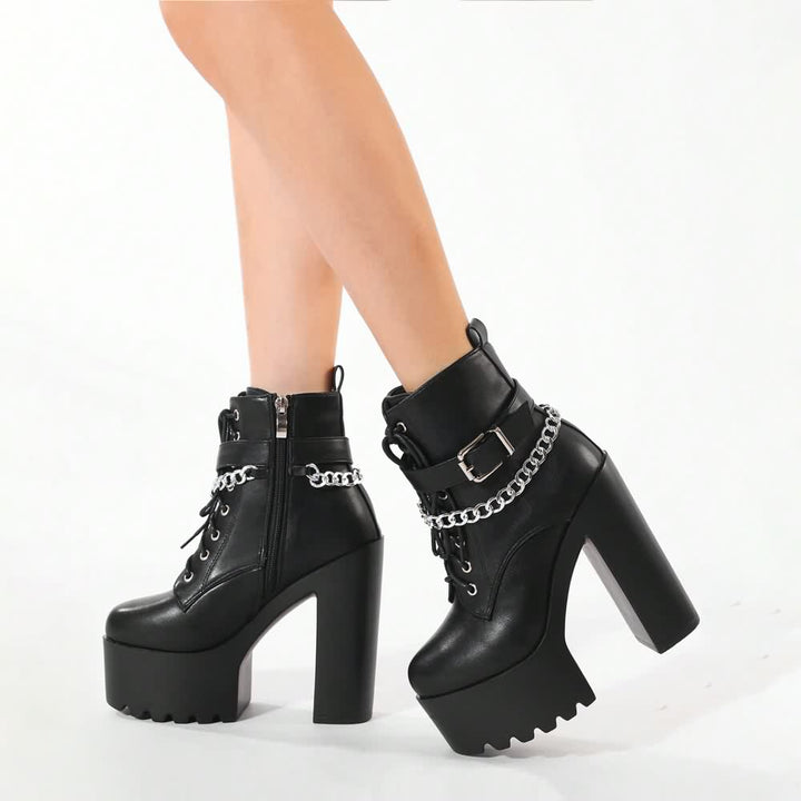 Black Gothic Punk Chain Chunky Platform Ankle Boots - Vedlit