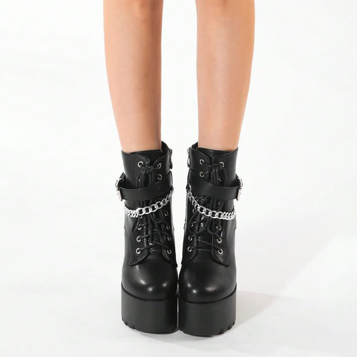 Black Gothic Punk Chain Chunky Platform Ankle Boots - Vedlit