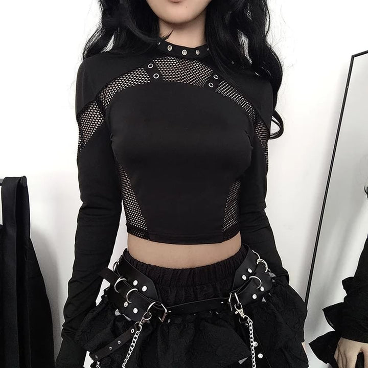 Black Gothic Punk Fishnet Long Sleeve Crop Top - Vedlit