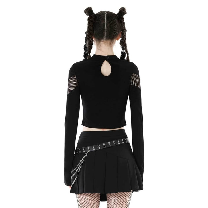 Black Gothic Punk Fishnet Long Sleeve Crop Top - Vedlit