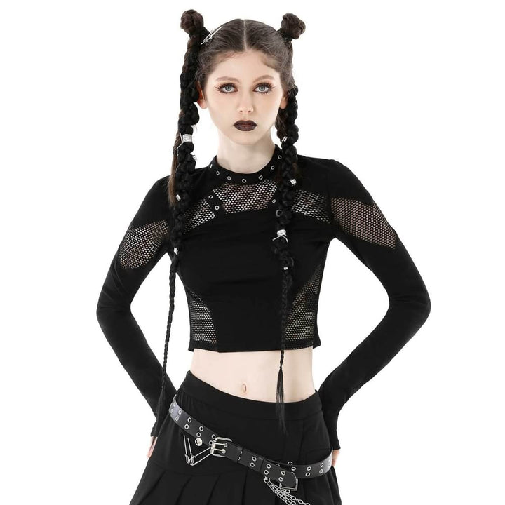 Black Gothic Punk Fishnet Long Sleeve Crop Top - Vedlit