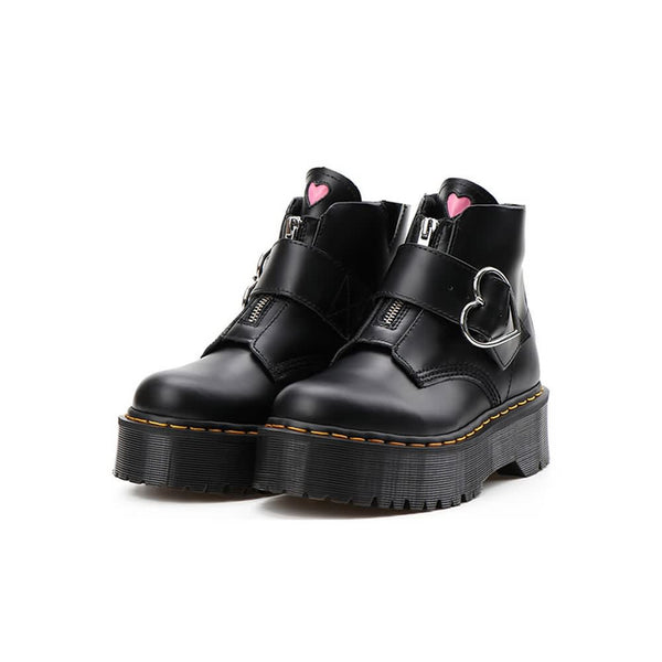 Black Gothic Punk Heart Buckle Platform Ankle Boots - Vedlit